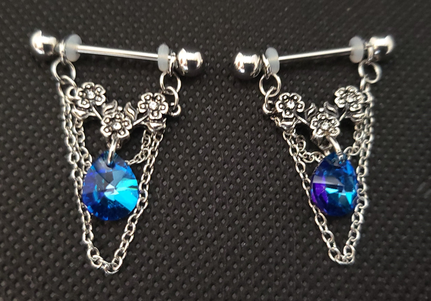 Tripple Flower With Aqua Pear Shaped Crystal Nipple Bars