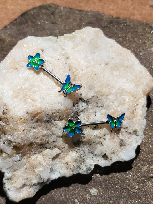 1 Pair Of Flower On Left Butterfly On Right Blue And Green Design Nipple Bars 