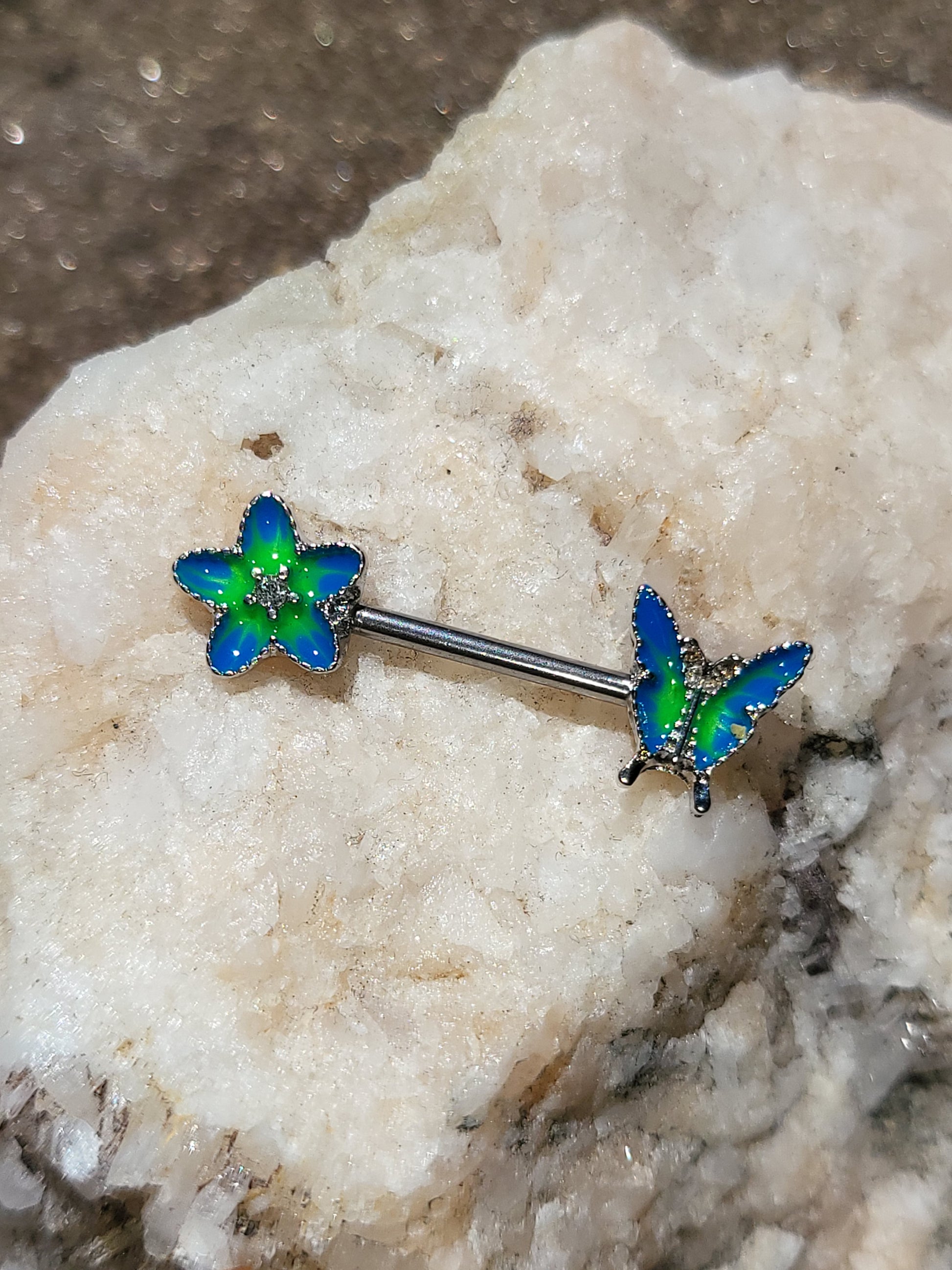 1 Pair Of Nipple Ring Bars With Blue And Green Flowers And Butterfly's Design Nipple Bars