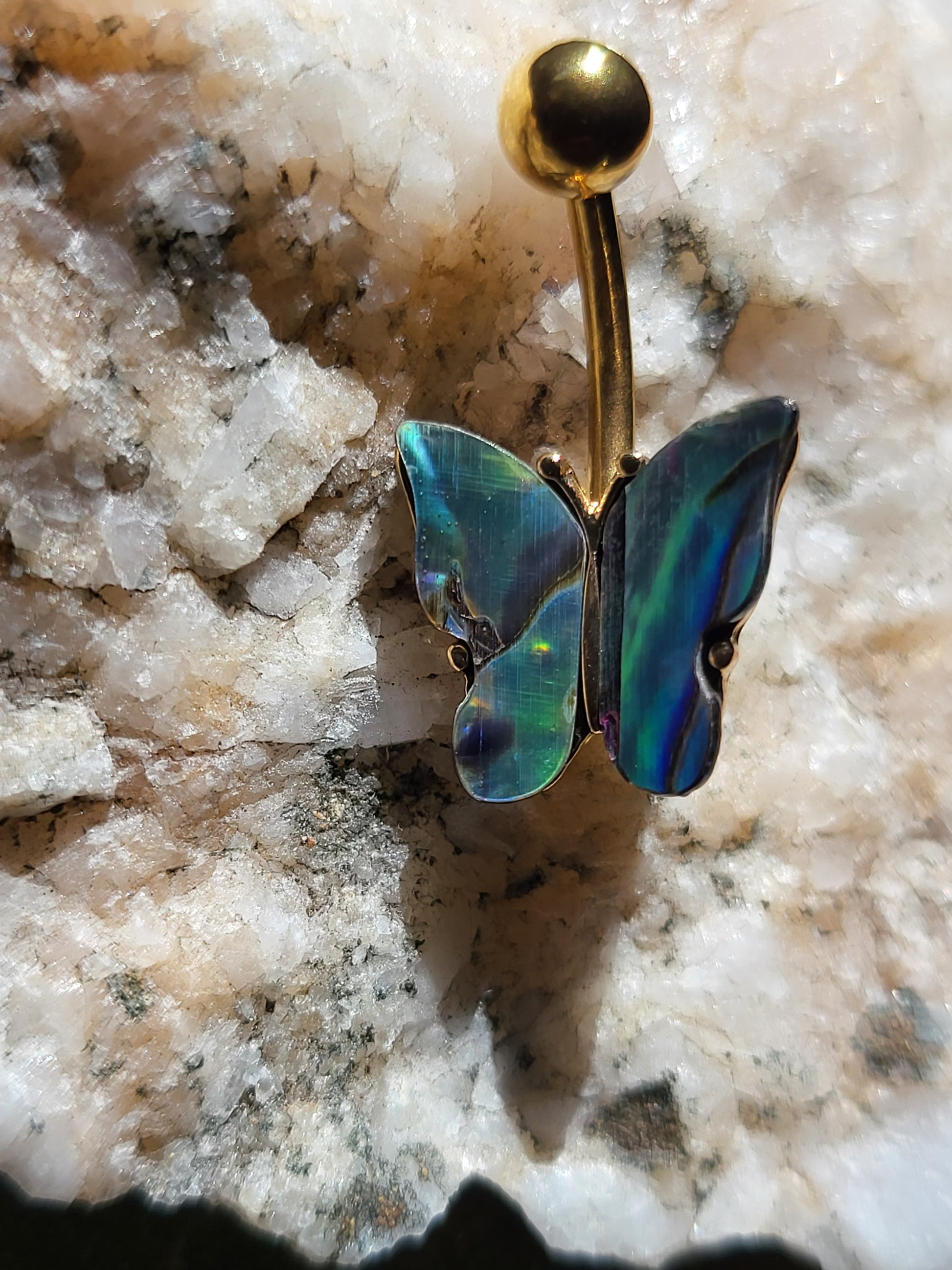 Gold 14GA Bar With Abalone Shell Covered Butterfly Belly Button Ring