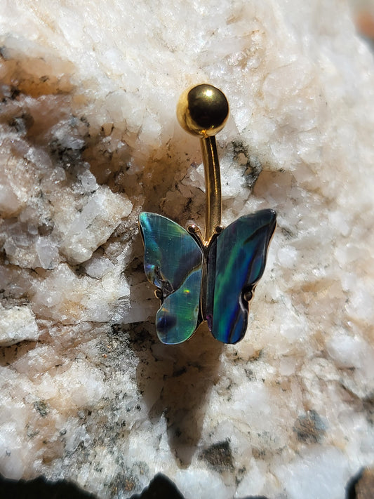 Gold 14GA Bar Abalone Shell Covered Butterfly Belly Button Ring