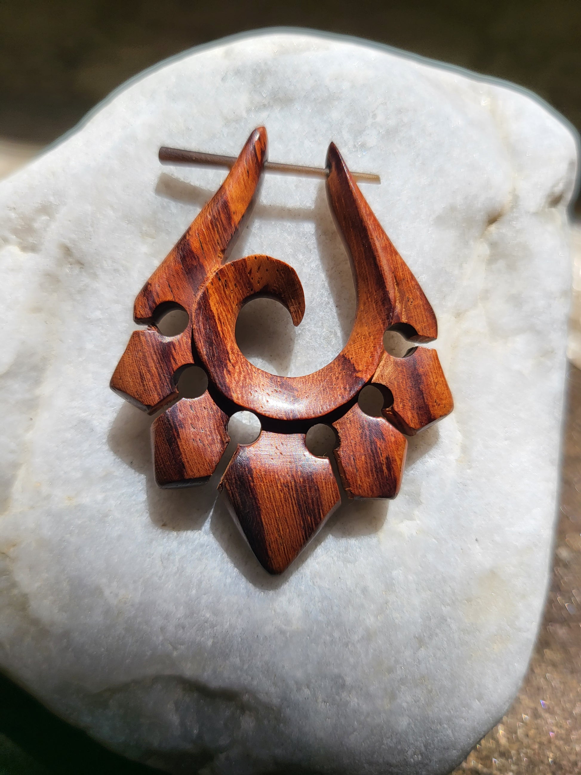 Pair of Organic Hand Carved Sono Wood Tribal Ornament Stirrup Hanger Earing