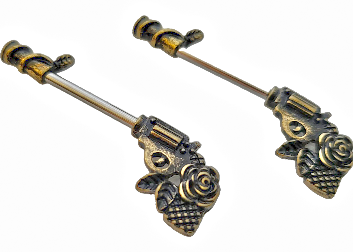 Brass Colored Guns With Roses Nipple Bars